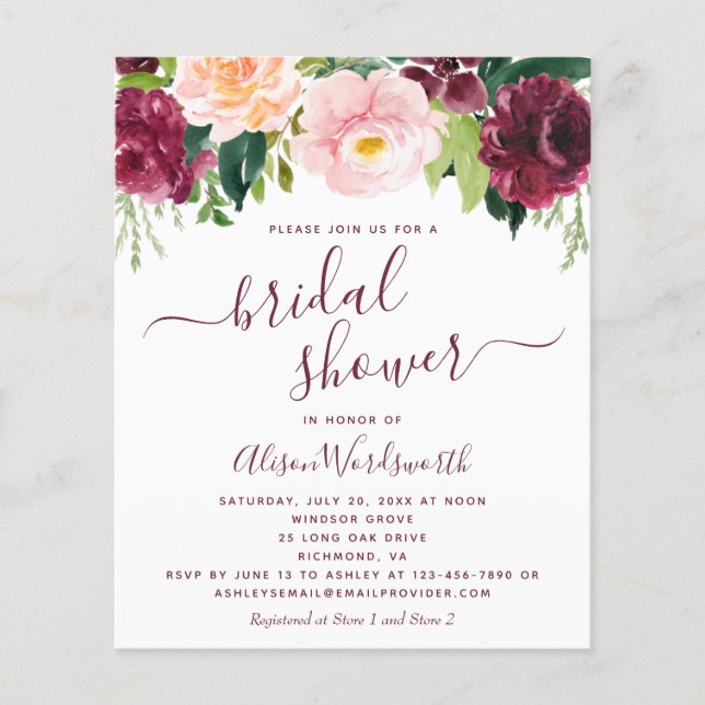Lámina Invitación a ducha de novia floral con presupuesto (Anverso)