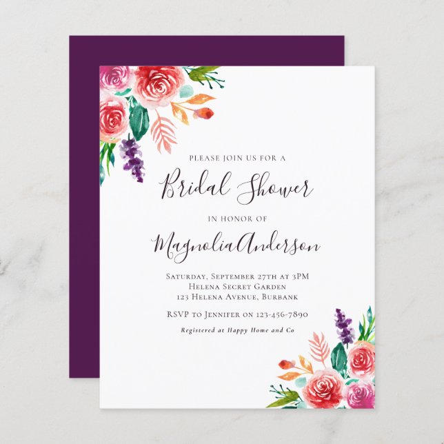 Lámina Invitación a ducha de novia floral con presupuesto (Anverso / Reverso)