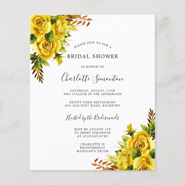 Lámina Invitación a ducha de novia floral de rosa amarill (Anverso)