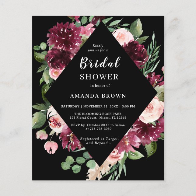 Lámina Invitación a ducha de novia floral del Boho negro  (Anverso)