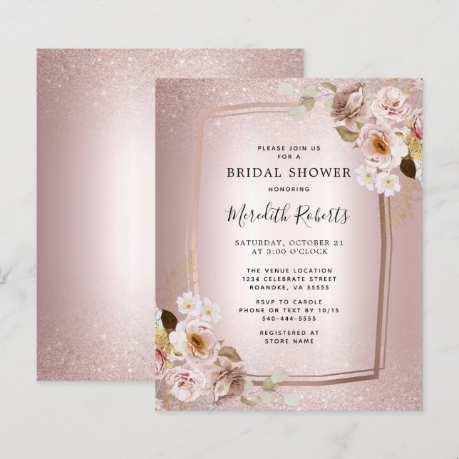 Lámina Invitación a ducha de novia floral Gold Rosa de pr (Anverso / Reverso)