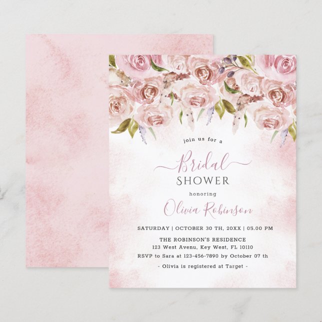 Lámina Invitación a ducha de novia floral pálida rosa pál (Anverso / Reverso)