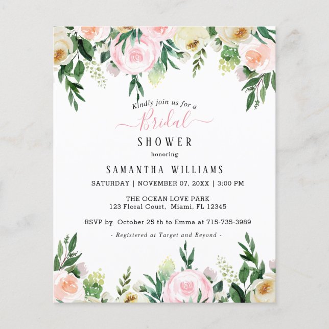 Lámina Invitación a ducha de novia floral rosa Rubor con  (Anverso)