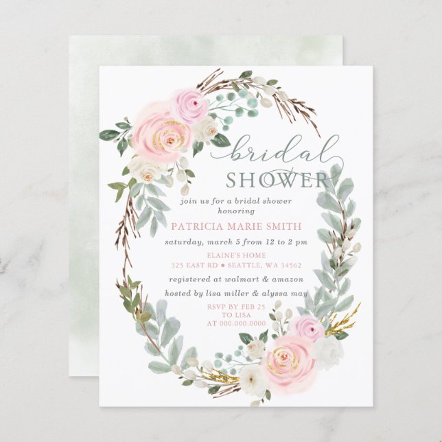 Lámina Invitación a ducha de novia floral rosa salchicha (Anverso / Reverso)