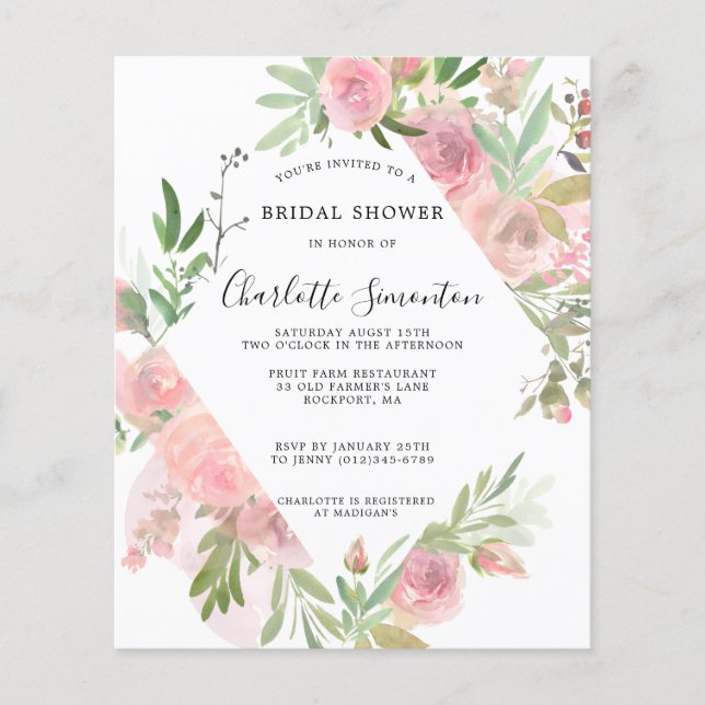 Lámina Invitación a ducha de novia floral rosa y rústica (Anverso)