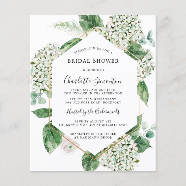 Lámina Invitación a ducha de novia Hydrangea blanca con p (Anverso)