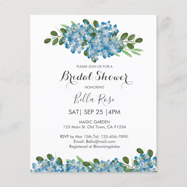 Lámina Invitación a ducha de novia Hydrangea Blue Budget (Anverso)