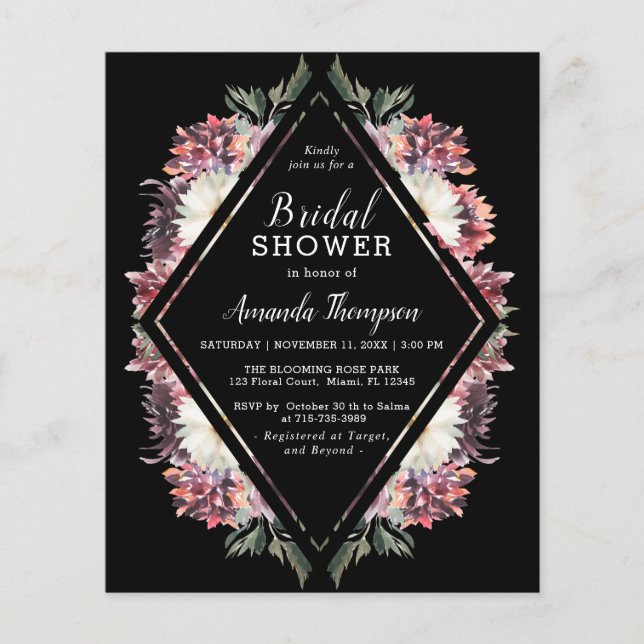 Lámina Invitación a ducha de novia negra floral del Boho  (Anverso)
