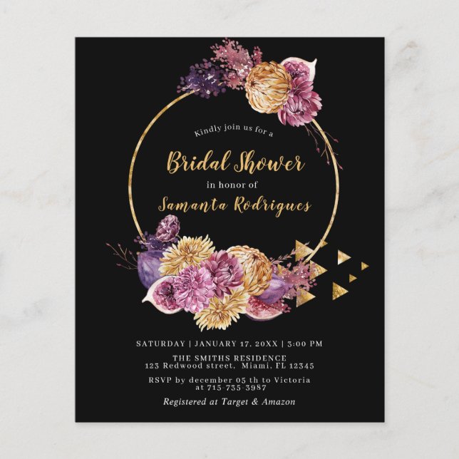 Lámina Invitación a ducha de novia negra otoño del Boho p (Anverso)