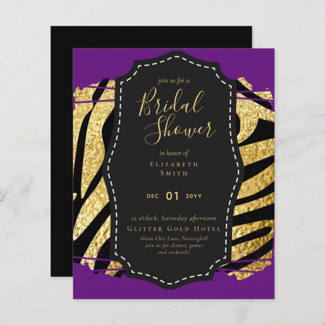 Lámina Invitación a ducha de novia púrpura de Glam Gold p (Anverso / Reverso)