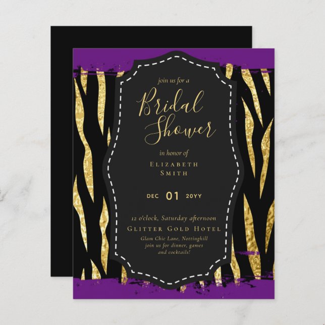 Lámina Invitación a ducha de novia púrpura de Glam Gold p (Anverso / Reverso)
