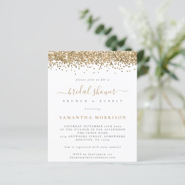Lámina Invitación a ducha de novia Purpurina de oro presu (Anverso de pie)