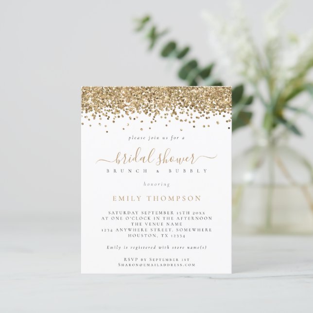 Lámina Invitación a ducha de novia Purpurina de oro presu (Anverso de pie)