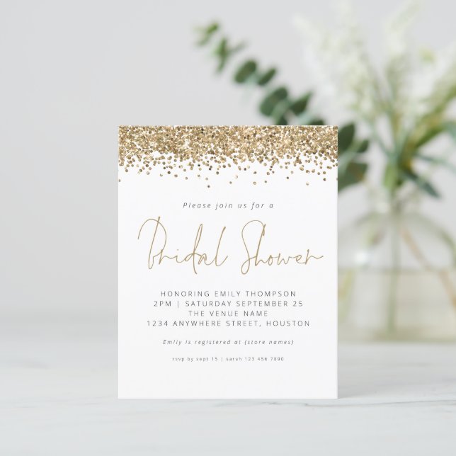 Lámina Invitación a ducha de novia Purpurina de oro presu (Anverso de pie)