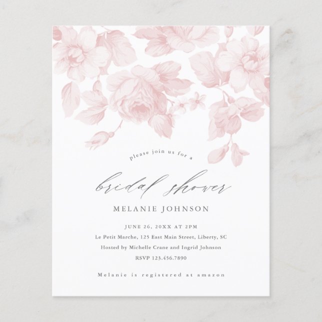 Lámina Invitación a ducha de novia rosa con guión floral  (Anverso)