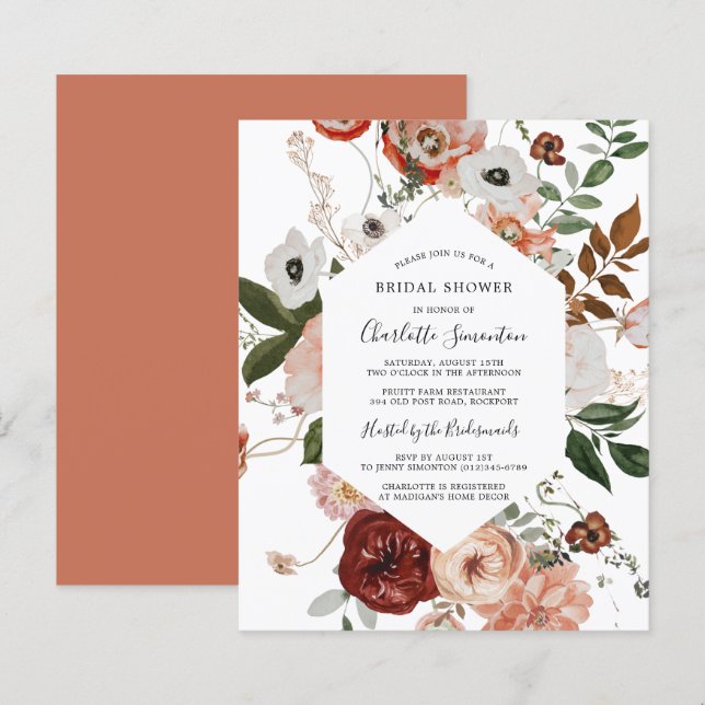 Lámina Invitación a ducha de novia rosa de Budget Marsala (Anverso / Reverso)