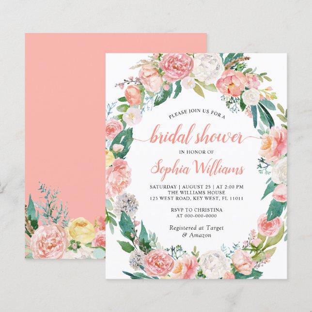 Lámina Invitación a ducha de novia rosa y blanca (Anverso / Reverso)