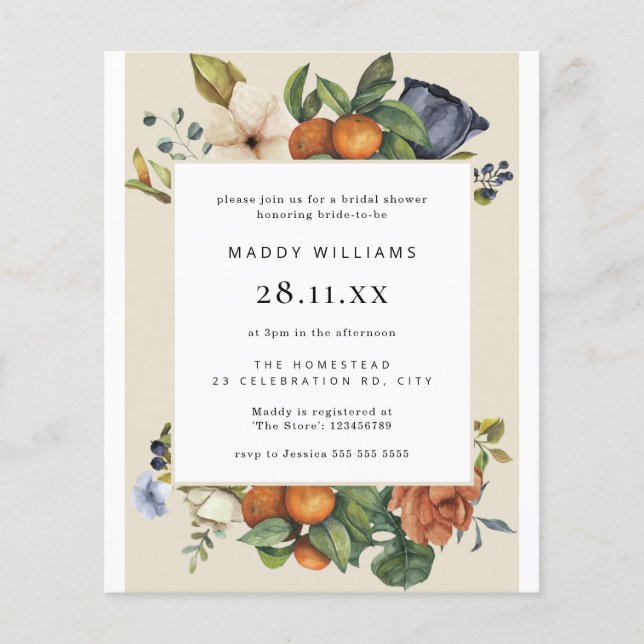 Lámina Invitación a ducha de novia Summer Boho, Naranja d (Anverso)