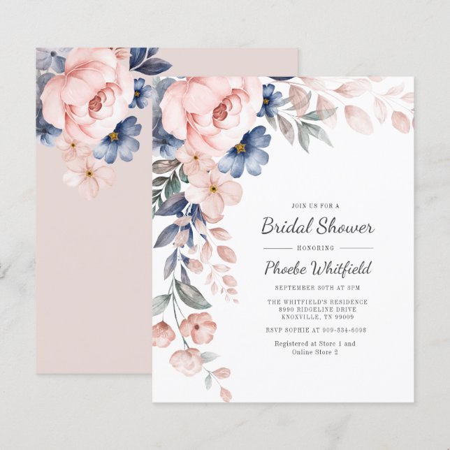 Lámina Invitación a ducha de novias con floración rosa co (Anverso / Reverso)