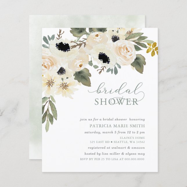 Lámina Invitación a ducha de novias con flores de marfil  (Anverso / Reverso)