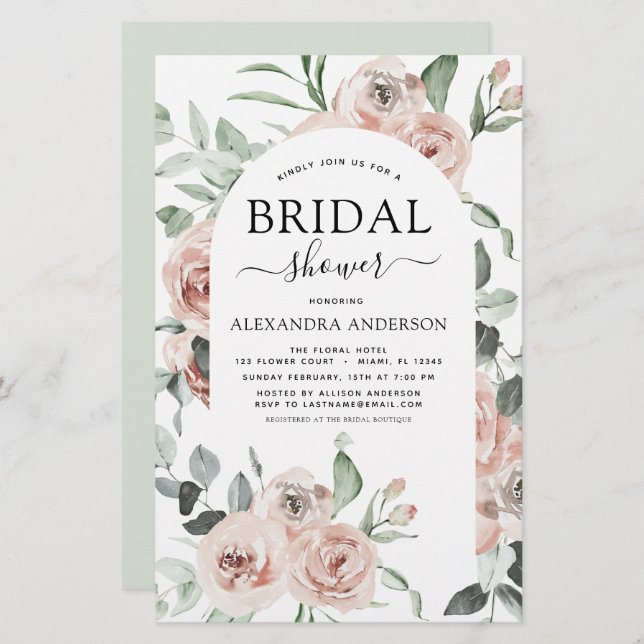 Lámina Invitación a ducha de novias con flores rosadas ag (Anverso / Reverso)