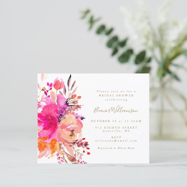 Lámina Invitación a ducha de novias con flores rosadas de (Anverso de pie)