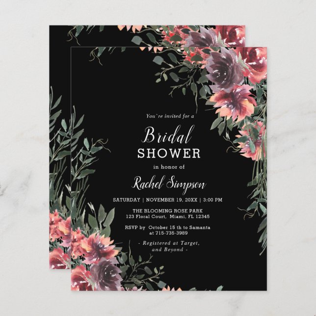 Lámina Invitación a ducha de novias rosa rosado con flore (Anverso / Reverso)