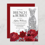 Lámina Invitación a ducha de Rosas de ropa de plata<br><div class="desc">Rosas de Vestido Plateado Presupuesto Ducha Bridal Invitación Brunch & Bubbly,  Roses Rojos</div>