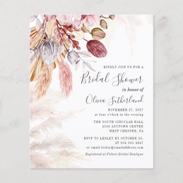 Lámina Invitación a ducharse nupcial de hierba de Pampas (Anverso)