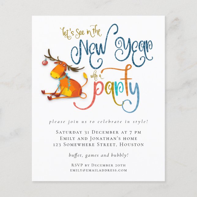 Lámina Invitación a Fiesta de Año Nuevo de Purpurina de p (Anverso)