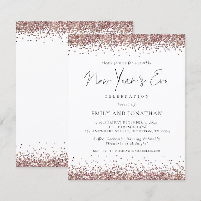 Lámina Invitación a Fiesta de Año Nuevo Purpurina de Oro  (Anverso / Reverso)