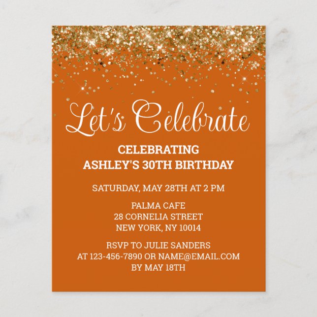Lámina Invitación a fiesta de cumpleaños 30 Naranja quema (Anverso)