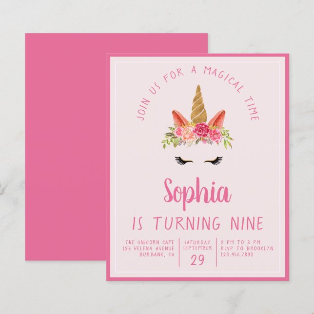 Lámina Invitación a fiesta de cumpleaños de unicornio (Anverso / Reverso)