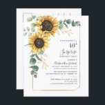 Lámina Invitación a fiesta de cumpleaños número 40 del gi<br><div class="desc">Eucalyptus Sunflower Floral Script 40th Birthday Invitation puede personalizar fácilmente con los detalles de su fiesta haciendo clic en el botón "Personalizar". Con flores y vegetación amarillo brillante suculento con un marco geométrico de Relieve metalizado dorado y tipografía moderna</div>