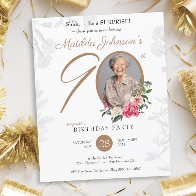 Lámina Invitación a fiesta de cumpleaños número 90 de la  (Budget Surprise 90th Birthday Party Invitation)