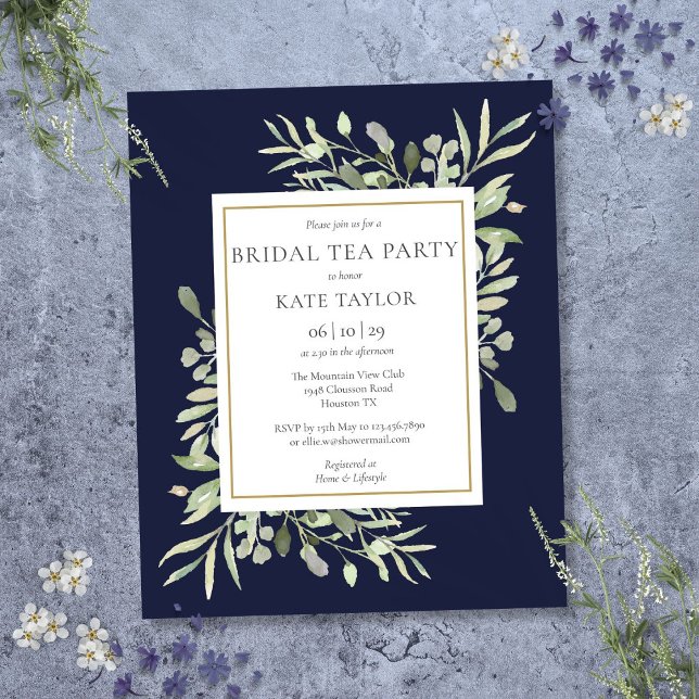 Lámina Invitación a Fiesta de té de novia azul de la mari (Budget Greenery Navy Blue Bridal Tea Party Invite)