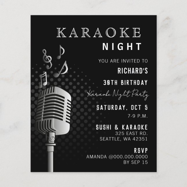 Lámina Invitación a fiesta nocturna de karaoke negro con  (Anverso)