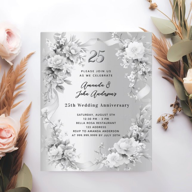 Lámina Invitación a florales plateados en 25 años de boda (Subido por el creador)