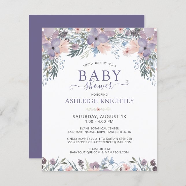 Lámina Invitación a flores silvestres de Baby Shower mora (Anverso / Reverso)