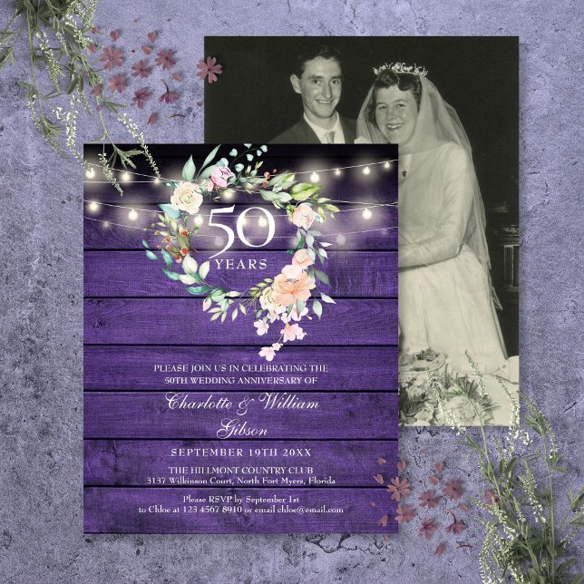 Lámina Invitación a foto del 50 aniversario de la Madera  (Budget Floral Wood 50th Anniversary Photo Invite)