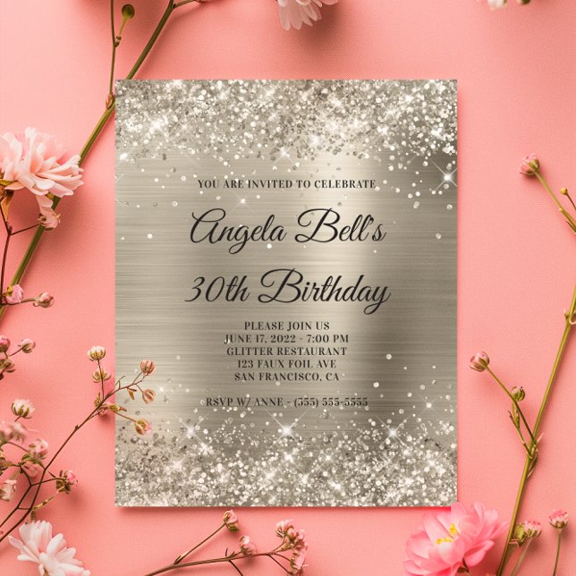 Lámina Invitación a Glam de Relieve metalizado Platino Pu (Budget Glittery Platinum Foil Glam Invitation)