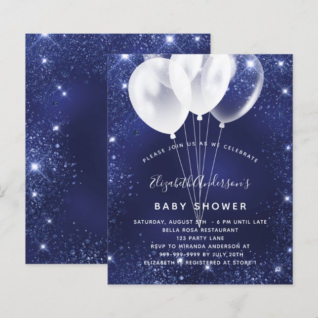 Lámina Invitación a globo azul marino Baby Shower de pres (Anverso / Reverso)