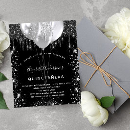 Lámina Invitación a globo de plata negra Quinceanera