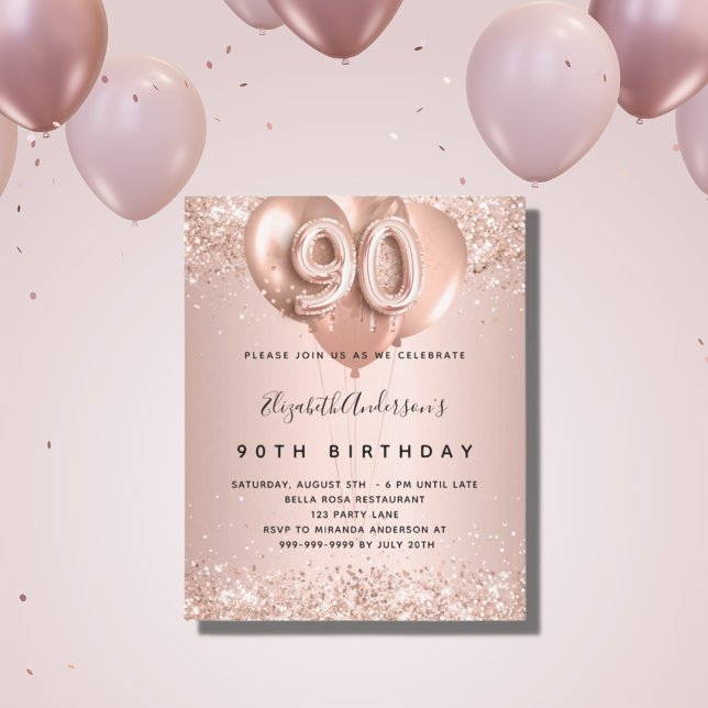 Lámina Invitación a globos de oro rosa para 90 cumpleaños (Subido por el creador)