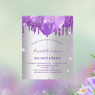 Lámina Invitación a globos púrpura de plata Quinceanera