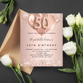 Lámina Invitación a globos rosa de oro para 50 cumpleaños