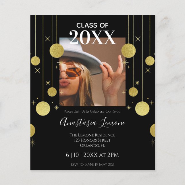 Lámina Invitación a graduación de Black & Gold Modern Bud (Anverso)