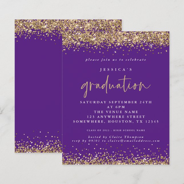 Lámina Invitación a graduación de Budget Purple Gold Purp (Anverso / Reverso)