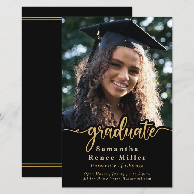Lámina Invitación a graduación de foto con guión de oro d (Anverso / Reverso)