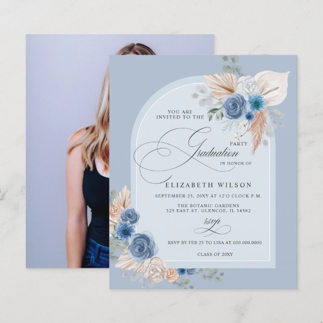 Lámina Invitación a graduación de foto de Dusty Blue Pamp (Anverso / Reverso)